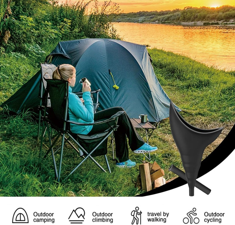 Laad afbeelding in Galerijviewer, Zittend op een stoel, met een kopje in de hand buiten een tent bij een rivier bij zonsondergang, wordt dit tafereel omringd door iconen van buitenactiviteiten: kamperen, klimmen, wandelen en fietsen. Met de Multifunctioneel reisurinoir voor vrouwen - Handige draagbare plastrechter als onmisbare reisgenoot genieten vrouwen van extra gemak.
