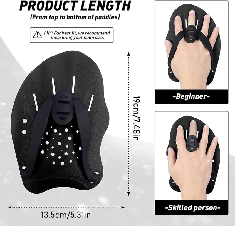 Load image into Gallery viewer, Afbeelding van &quot;Verbeter je zwemtechniek met zwemhandpeddels&quot; met hoogwaardig kunststof met verstelbare banden, afmetingen 19cm x 13.5cm. Twee handposities met het label &quot;Beginner&quot; en &quot;Skilled person&quot; verschijnen rechts om de zwemtechniek effectief te verbeteren.
