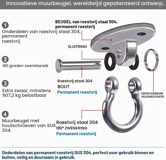 Plafond ophangbeugel van roestvrij staal met gesloten U-ring voor schommels en hangmatten – plafondhaak – bokszakbevestiging - happygetfit.com