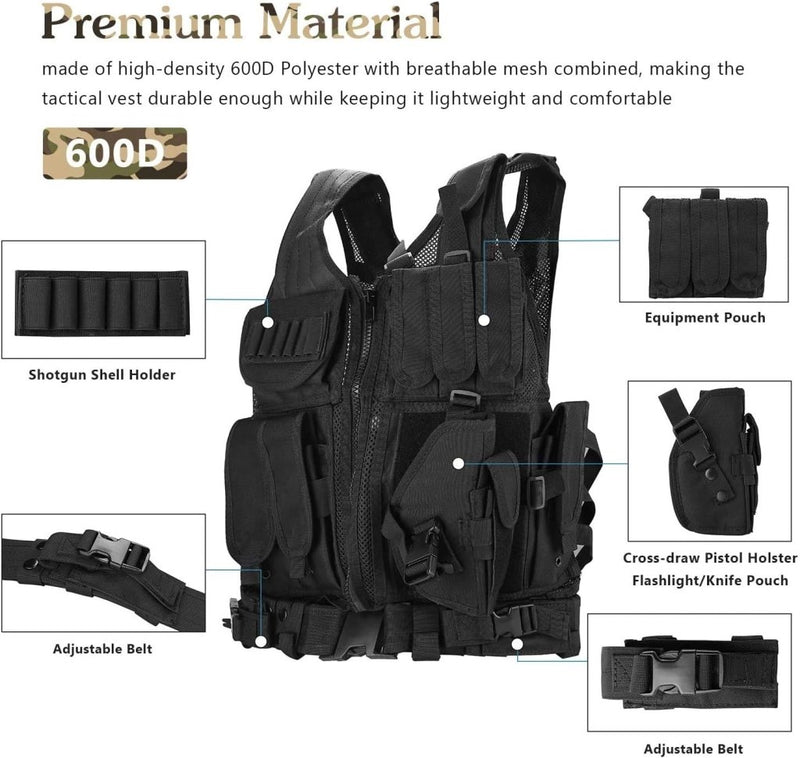 Load image into Gallery viewer, ProCase Tactical Vest Molle Vest for Man Women Youth, Breathable Tactical Vest with Numerous Pouches - Combat Training Vest –Black, 600D Polyester - happygetfit.com
