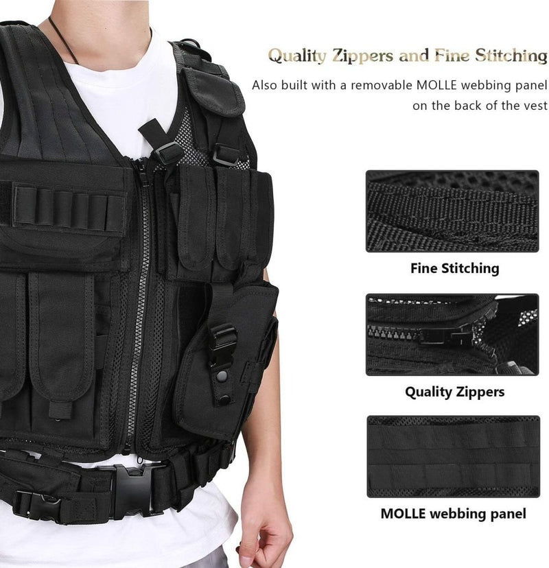 Load image into Gallery viewer, ProCase Tactical Vest Molle Vest for Man Women Youth, Breathable Tactical Vest with Numerous Pouches - Combat Training Vest –Black, 600D Polyester - happygetfit.com
