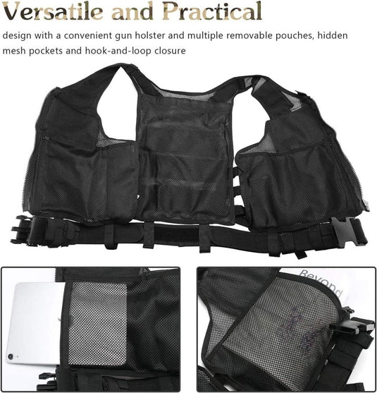 ProCase Tactical Vest Molle Vest for Man Women Youth, Breathable Tactical Vest with Numerous Pouches - Combat Training Vest –Black, 600D Polyester - happygetfit.com
