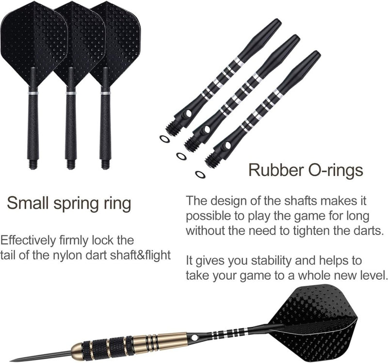 Laad afbeelding in Galerijviewer, De Professionele dartset bevat drie pakketten van 22g, 23g, 24g en 27g steeltip darts, compleet met flights en shafts. Het bevat 50 rubberen O-ringen, 12 veerringen voor veilige vergrendeling en stabiliteit bij high-speed spel, plus een dart sharpener tool voor ultieme precisieliefhebbers.
