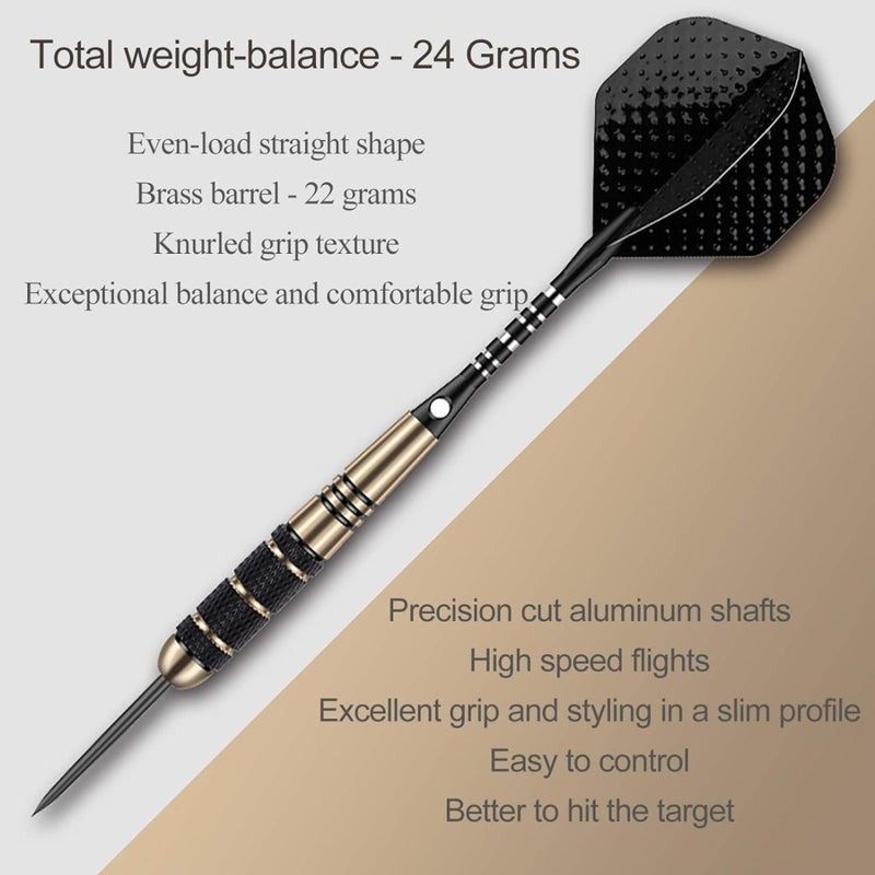 Laad afbeelding in Galerijviewer, De Professionele 3-pack steel tip dartset (22g-27g) biedt een zwart en messing ontwerp met gekartelde grips. De nauwkeurig vervaardigde balans, hogesnelheidsvluchten en getextureerde grips zorgen voor superieure controle, ideaal voor serieuze liefhebbers. Inclusief stems, flights, O-ringen, springringen en een slijper.
