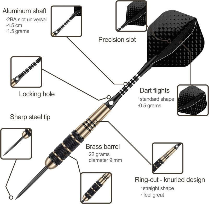Laad afbeelding in Galerijviewer, Een diagram toont een gedemonteerde professionele steel tip dartset (22g, 23g, 24g, 27g) met gelabelde aluminium shafts, messing barrels, scherpe stalen tips en high-speed flights. Inclusief 50 rubberen O-ringen, 12 spring rings en een dart sharpener voor precisiespel.
