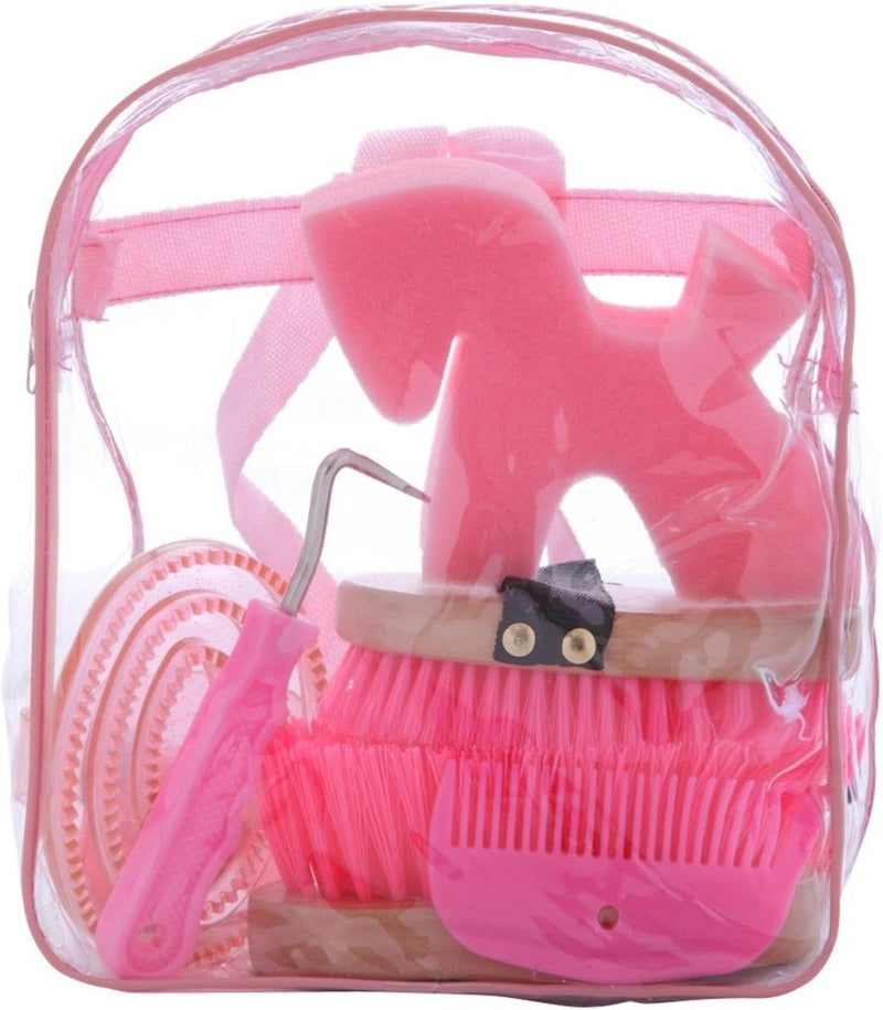 Load image into Gallery viewer, De roze transparante rugzak van Ontdek is perfect voor kinderen en bevat een roze paardenpoetsset inclusief een roskam, hoevenkrabber, verzorgingsborstel en manenkam. Ideaal voor kinderverzorging van paarden.
