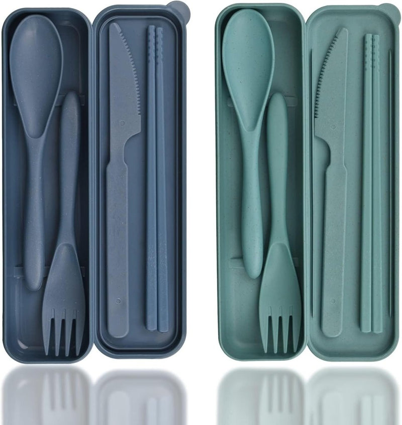 Laad afbeelding in Galerijviewer, Reisbestek set van 2 met etui blauw en groen - happygetfit.com
