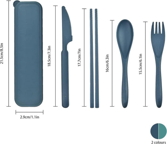 Reisbestek set van 2 met etui blauw en groen - happygetfit.com