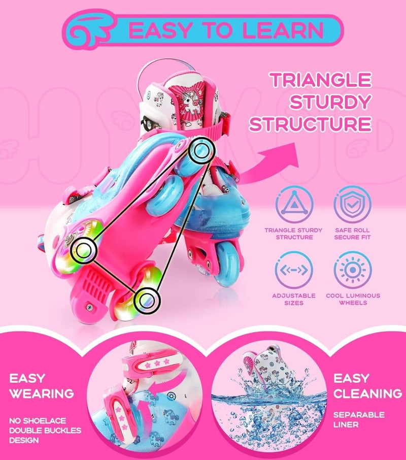 Load image into Gallery viewer, Rolschaatsen voor peuters (3-9 jaar), verstelbaar, leuke verlichting, veiligheid, 3-puntsbalans, beginnersrolschaatsen (eenhoorn, roze, 25-28) - happygetfit.com
