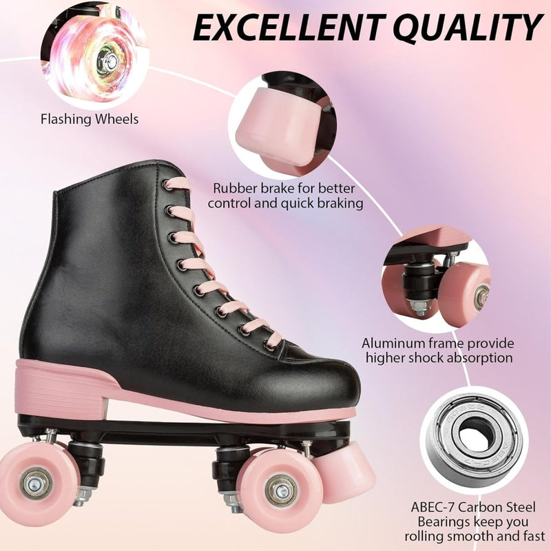 Load image into Gallery viewer, Rolschaatsen voor vrouwen meisjes zwarte roller derby skates volwassen dubbele rij lichtgevende schaatsen voor jeugd volwassen beginner (Eur 99-24 cm - UK: Dames 5,5 / Heren 5) - happygetfit.com

