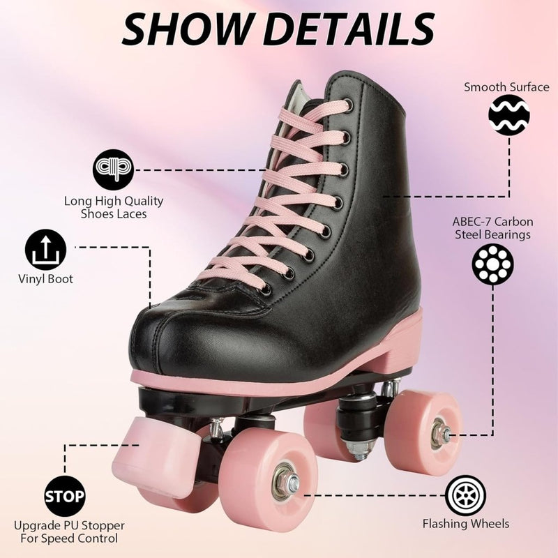 Load image into Gallery viewer, Rolschaatsen voor vrouwen meisjes zwarte roller derby skates volwassen dubbele rij lichtgevende schaatsen voor jeugd volwassen beginner (Eur 99-24 cm - UK: Dames 5,5 / Heren 5) - happygetfit.com
