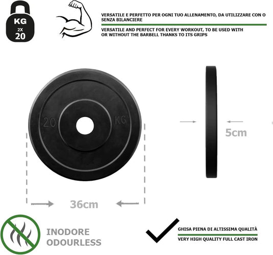 Rubberen gietijzeren schijven G5 HT SPORT Ø gat 25 mm voor sportschool en thuisgymnastiek van 0,5 tot 20 kg voor stuur en halters - happygetfit.com