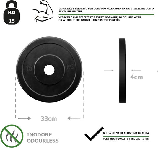 Rubberen gietijzeren schijven G5 HT SPORT Ø gat 25 mm voor sportschool en thuisgymnastiek van 0,5 tot 20 kg voor stuur en halters - happygetfit.com