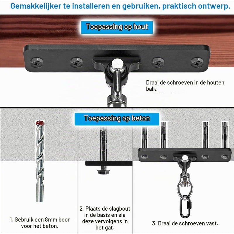 Laden Sie das Bild in Galerie -Viewer, Schommel ophangbeugels 2 stuks van staal met 360 graden draaifunctie en karabijnhaken – schommelbevestiging – bokszakophanging - happygetfit.com
