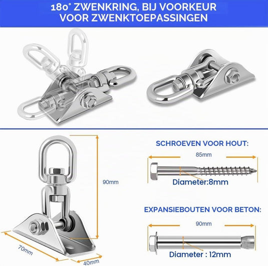 Schommelhaken 2 stuks 360° draaibaar van roestvrij staal tot 400 kg – ophanghaken – schommel accessoires - happygetfit.com