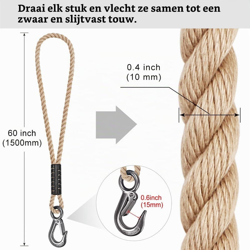 Chargez l'image dans la visionneuse de la galerie, Schommeltouw 50 cm van gevlochten polyester met roestvrijstalen ophanghaak – boomschommel – hangmatbevestiging - happygetfit.com
