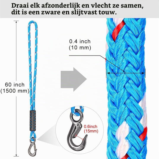 Schommeltouw 50 cm van gevlochten polyester met roestvrijstalen ophanghaak – boomschommel – hangmatbevestiging - happygetfit.com