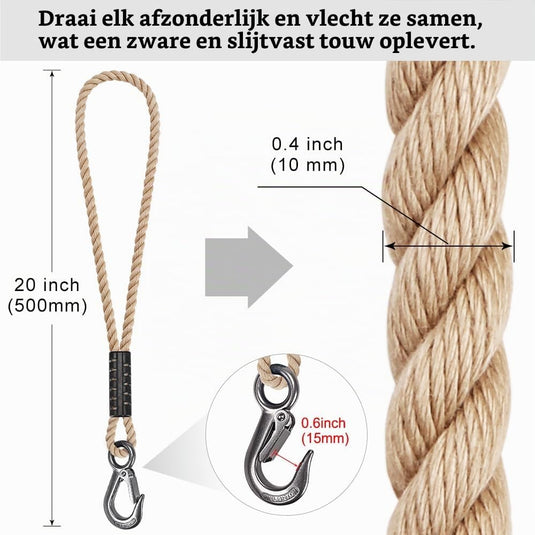 Schommeltouw 50 cm van gevlochten polyester met roestvrijstalen ophanghaak – boomschommel – hangmatbevestiging - happygetfit.com
