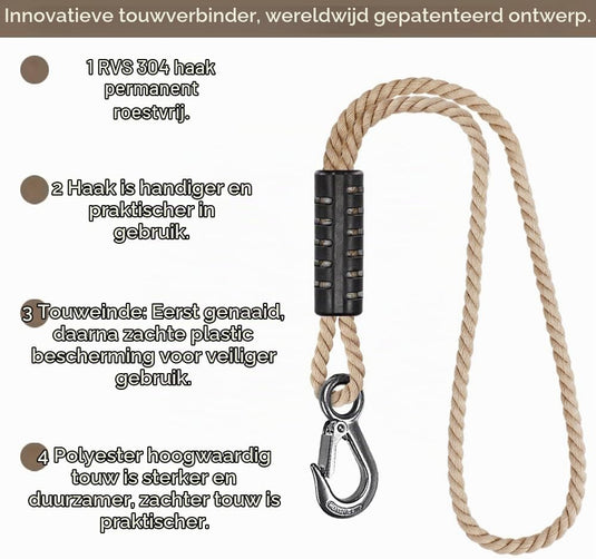 Schommeltouw 50 cm van gevlochten polyester met roestvrijstalen ophanghaak – boomschommel – hangmatbevestiging - happygetfit.com