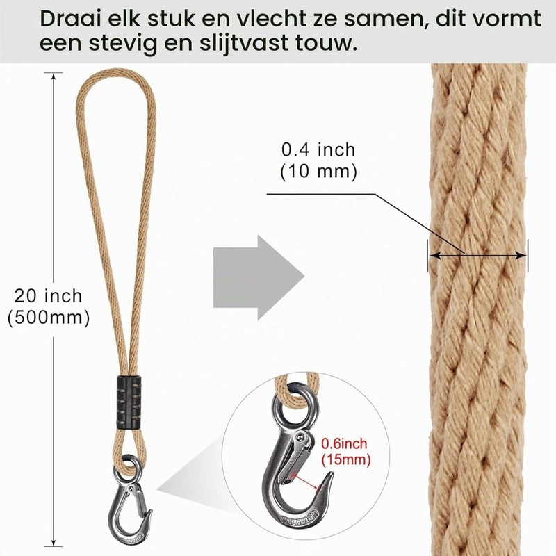 Chargez l'image dans la visionneuse de la galerie, Schommeltouw 50 cm van gevlochten polyester met roestvrijstalen ophanghaak – boomschommel – hangmatbevestiging - happygetfit.com
