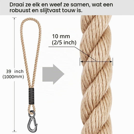 Schommeltouw 50 cm van gevlochten polyester met roestvrijstalen ophanghaak – boomschommel – hangmatbevestiging - happygetfit.com