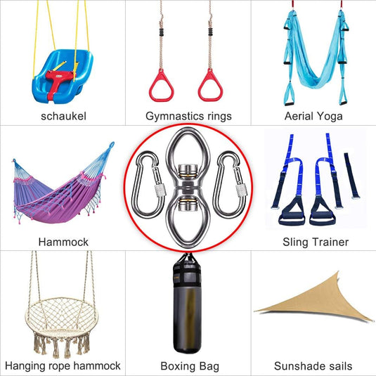 Schommelwartel 360° draaibaar – rvs ophangbeugel met lager voor hangstoel, yogaschommel, klimtouw en hangmat - happygetfit.com