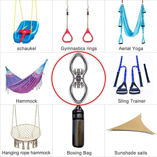 Schommelwartel 360° draaibaar – rvs ophangbeugel met lager voor hangstoel, yogaschommel, klimtouw en hangmat - happygetfit.com