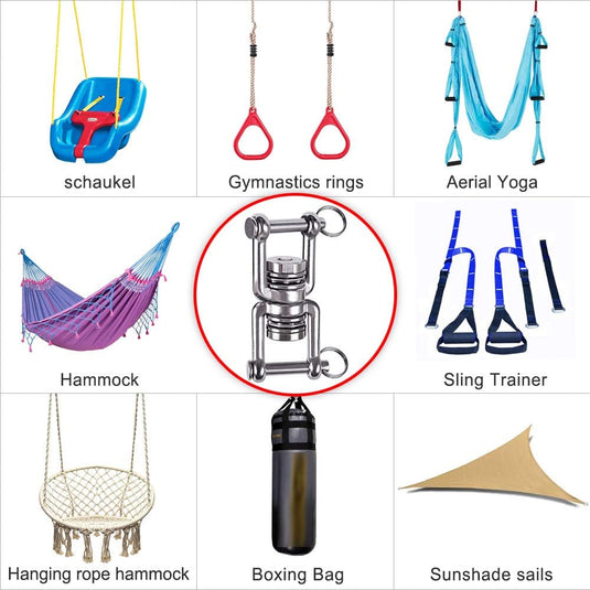 Schommelwartel 360° draaibaar – rvs ophangbeugel met lager voor hangstoel, yogaschommel, klimtouw en hangmat - happygetfit.com
