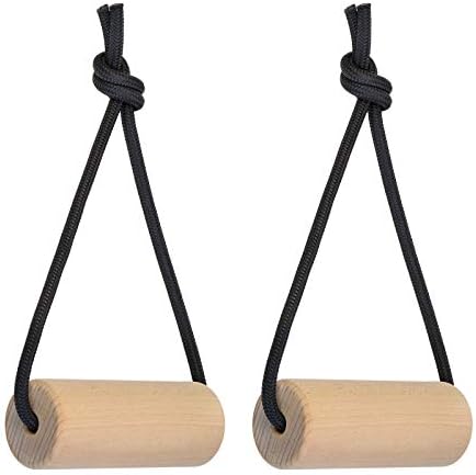 Laad afbeelding in Galerijviewer, De &quot;Train effectief en natuurlijk met houten grip krachttrainers!&quot; bestaat uit twee houten cilinders uit duurzame bossen, opgehangen aan zwarte touwen met topknopen voor een natuurlijke trainingservaring.
