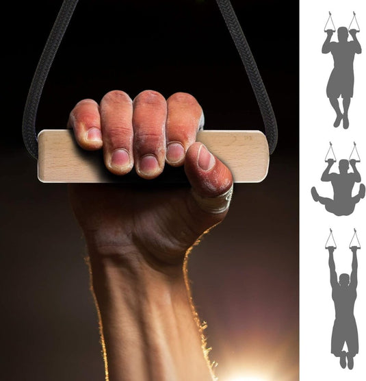 Een persoon houdt een duurzaam houten handvat vast dat aan een touw is bevestigd tegen een verlichte achtergrond. Rechts tonen silhouetten diverse hangende oefeningen, die de "Train effectief en natuurlijk met houten grip krachttrainers!" laten zien voor een verbeterde natuurlijke trainingservaring.
