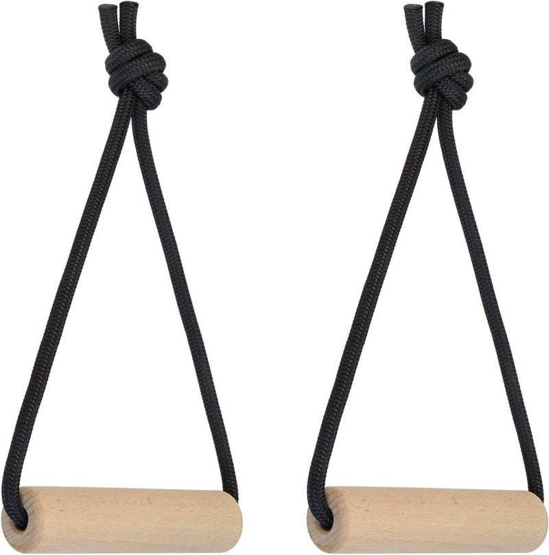 Laad afbeelding in Galerijviewer, De Train effectieve en natuurlijk met houten grip krachttrainers zijn twee houten gymringen met zwarte touwen en knopen, vervaardigd uit duurzame bossen, perfect voor een natuurlijke trainingservaring en ideaal voor zweefoefeningen.
