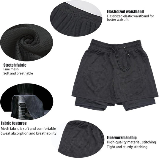 Shorts heren 2-in-1 trainingsshorts zomer korte broek sneldrogende hardloopshort sportbroek met zakken compressieshort - happygetfit.com
