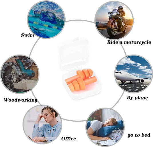 Afbeelding van Siliconen oordopjes in oranje, gehuisvest in een hoesje en geschikt voor zwemmen, motorrijden, houtbewerking, vliegen, kantoorwerk en slapen. Gemaakt van duurzaam organisch siliconen voor comfort bij verschillende activiteiten.