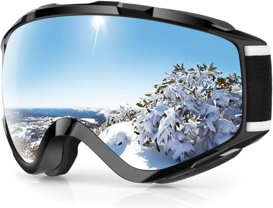 Met 'Skibril met UV-bescherming en anti-mist coating – Helder zicht voor elke wintersport' leg je de weerspiegeling van een besneeuwd landschap, majestueuze bergen, een heldere hemel en de zon vast door de dubbele anti-mist lens van de zwarte skibril.
