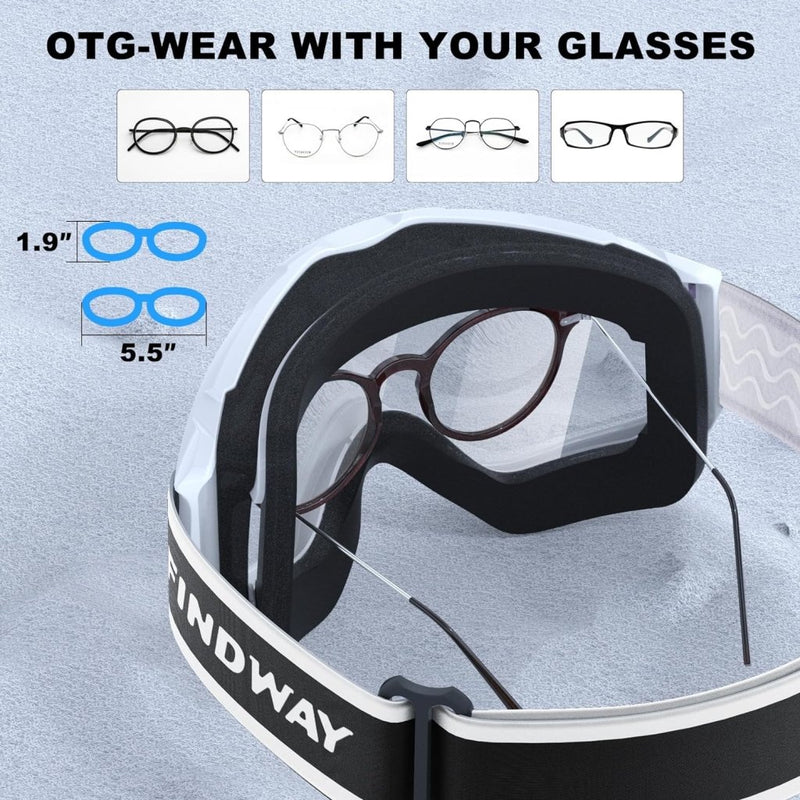 Laad afbeelding in Galerijviewer, De Skibril met UV-bescherming en anti-mist coating bril is ontworpen voor gebruik over de bril, met een dubbele anti-mist lens. Geschikt voor brillen tot 1,9&quot; hoogte en 5,5&quot; breedte, ze bieden voldoende ruimte en tonen elegant de merknaam op de band voor een stijlvolle afwerking.
