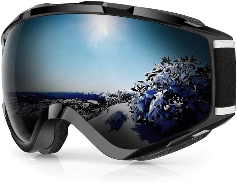 Laad afbeelding in Galerijviewer, De Skibril met UV-bescherming en anti-mist coating biedt optimale helderheid en toont een besneeuwd landschap, een blauwe lucht en de zon op een witte achtergrond.
