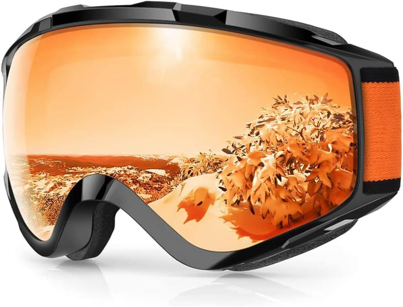 Laad afbeelding in Galerijviewer, Bewonder de spiegelende winterbomen met deze oranje skibril met zwart montuur en brede band, plus dubbele anti-condens lenzen voor helder zicht en UV-bescherming.
