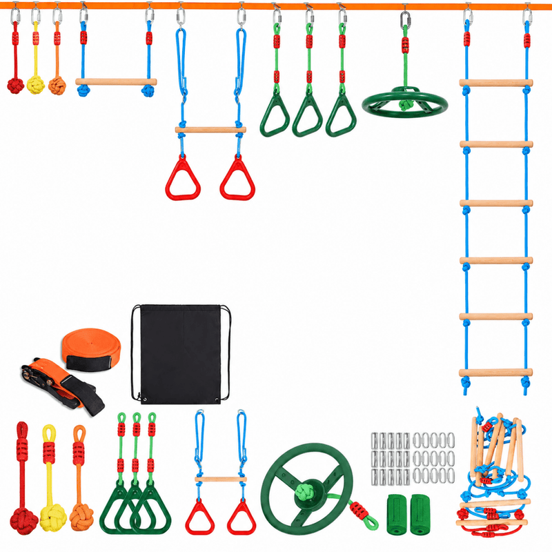 Bild im Galerie-Viewer laden, Slackline Set voor kinderen, 15 m Ninja hindernisbaan voor meisjes en jongens, inclusief ladders, touwknopen, Ninja-wielen, ophangringen, klimladders enz - happygetfit.com

