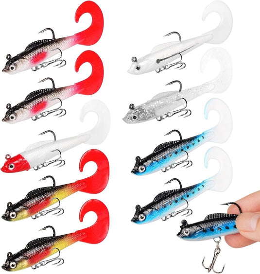 Softbait kunstaas 9 stuks van flexibel PVC met bewegende staart en scherpe dreggen – swimbaits – roofvislokmiddelen - happygetfit.com