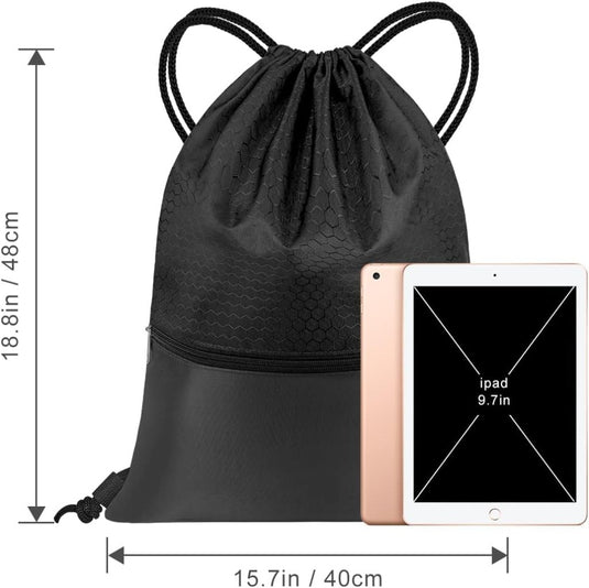 Sport rugzak met trekkoord 41 x 33,5 cm van slijtvast Oxford met gaasvak en hoofdtelefoonopening – zwemtas – gymrugzak - happygetfit.com