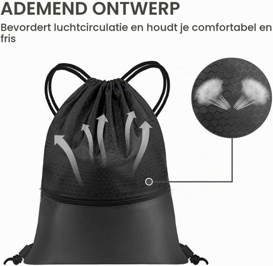 Sport rugzak met trekkoord 41 x 33,5 cm van slijtvast Oxford met gaasvak en hoofdtelefoonopening – zwemtas – gymrugzak - happygetfit.com