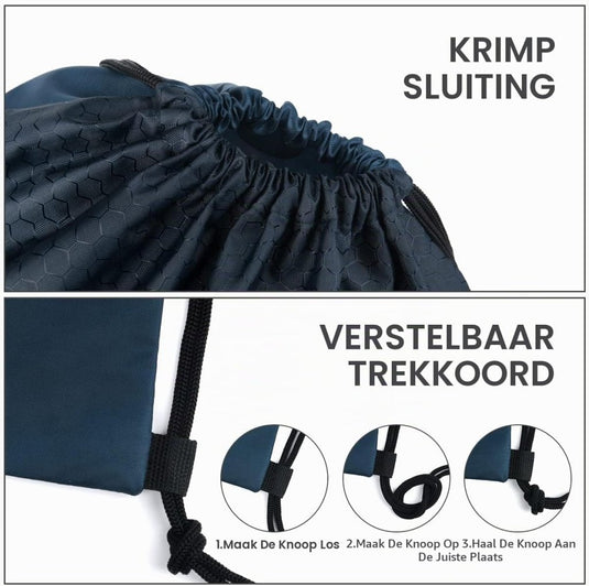 Sport rugzak met trekkoord 41 x 33,5 cm van slijtvast Oxford met gaasvak en hoofdtelefoonopening – zwemtas – gymrugzak - happygetfit.com