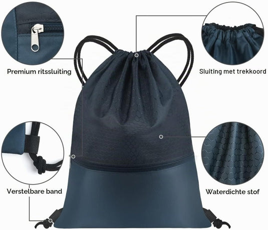 Sport rugzak met trekkoord 41 x 33,5 cm van slijtvast Oxford met gaasvak en hoofdtelefoonopening – zwemtas – gymrugzak - happygetfit.com