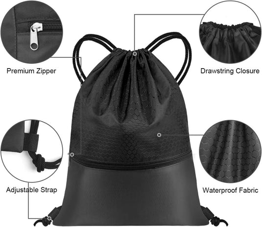 Sport rugzak met trekkoord 41 x 33,5 cm van slijtvast Oxford met gaasvak en hoofdtelefoonopening – zwemtas – gymrugzak - happygetfit.com