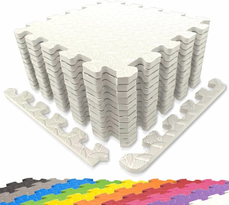 Laad afbeelding in Galerijviewer, De Sportmatten puzzelset voor fitness en bescherming bevat in elkaar grijpende witte schuimtegels met textuur, naast kleurrijke individuele tegels in grijs, blauw, groen, geel, oranje, rood en paars. Deze veelzijdige puzzelachtige stukken zijn ideaal voor het creëren van een dynamische trainingsruimte.
