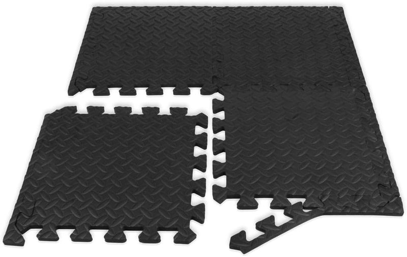 Laad afbeelding in Galerijviewer, De Sportmatten puzzelset voor fitness en bescherming bestaat uit vier zwarte, in elkaar grijpende schuimvloertegels met een gestructureerd oppervlak. Deze worden zowel gemonteerd als ongemonteerd weergegeven en zijn ideaal voor een aangepaste indeling van uw fitnessruimte.
