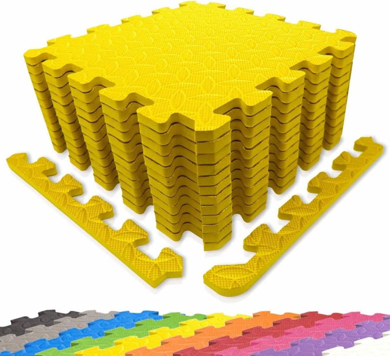 Laad afbeelding in Galerijviewer, De Sportmatten-puzzelset voor fitness en bescherming bevat getextureerde gele in elkaar grijpende schuimtegels met afzonderlijke randstukken, naast kleurrijke tegels die ideaal zijn voor een levendige sportmatten-indeling.
