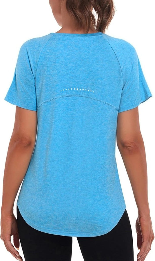 Sportshirt dames met ronde hals en raglanmouwen van sneldrogende stretchstof – hardloopshirt – trainingskleding - happygetfit.com