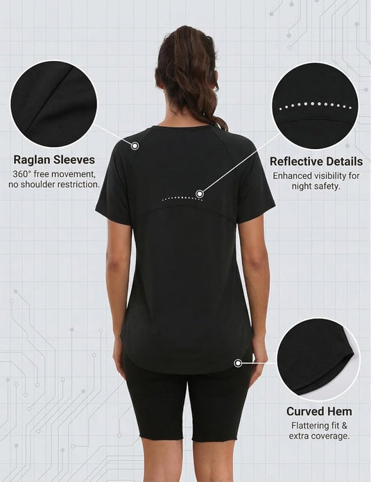 Sportshirt dames met ronde hals en raglanmouwen van sneldrogende stretchstof – hardloopshirt – trainingskleding - happygetfit.com