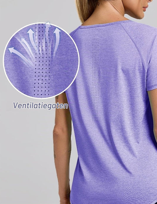 Sportshirt dames met V-hals en korte mouwen van ademende sneldrogende stof – fitnessshirt – yogakleding - happygetfit.com